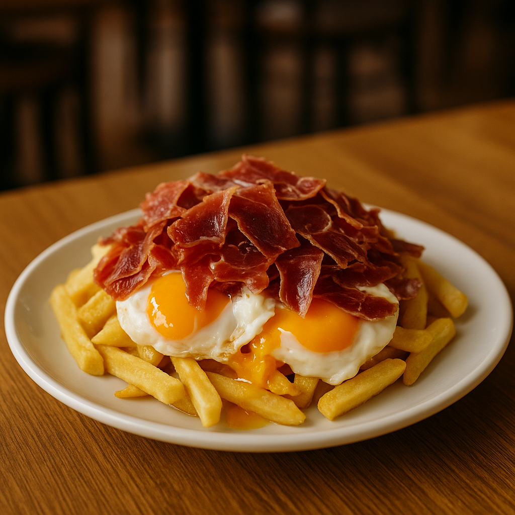 Huevos rotos kon jamón o kon: